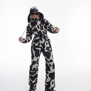 Topshop Sno Cow Print Ski Suit with Detachable Hood and Belt Size 6